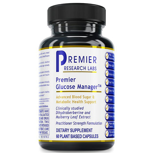 Bottle of Premier Glucose Manager dietary supplement from Premier Research Labs on a white background