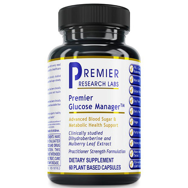 Bottle of Premier Glucose Manager dietary supplement from Premier Research Labs on a white background