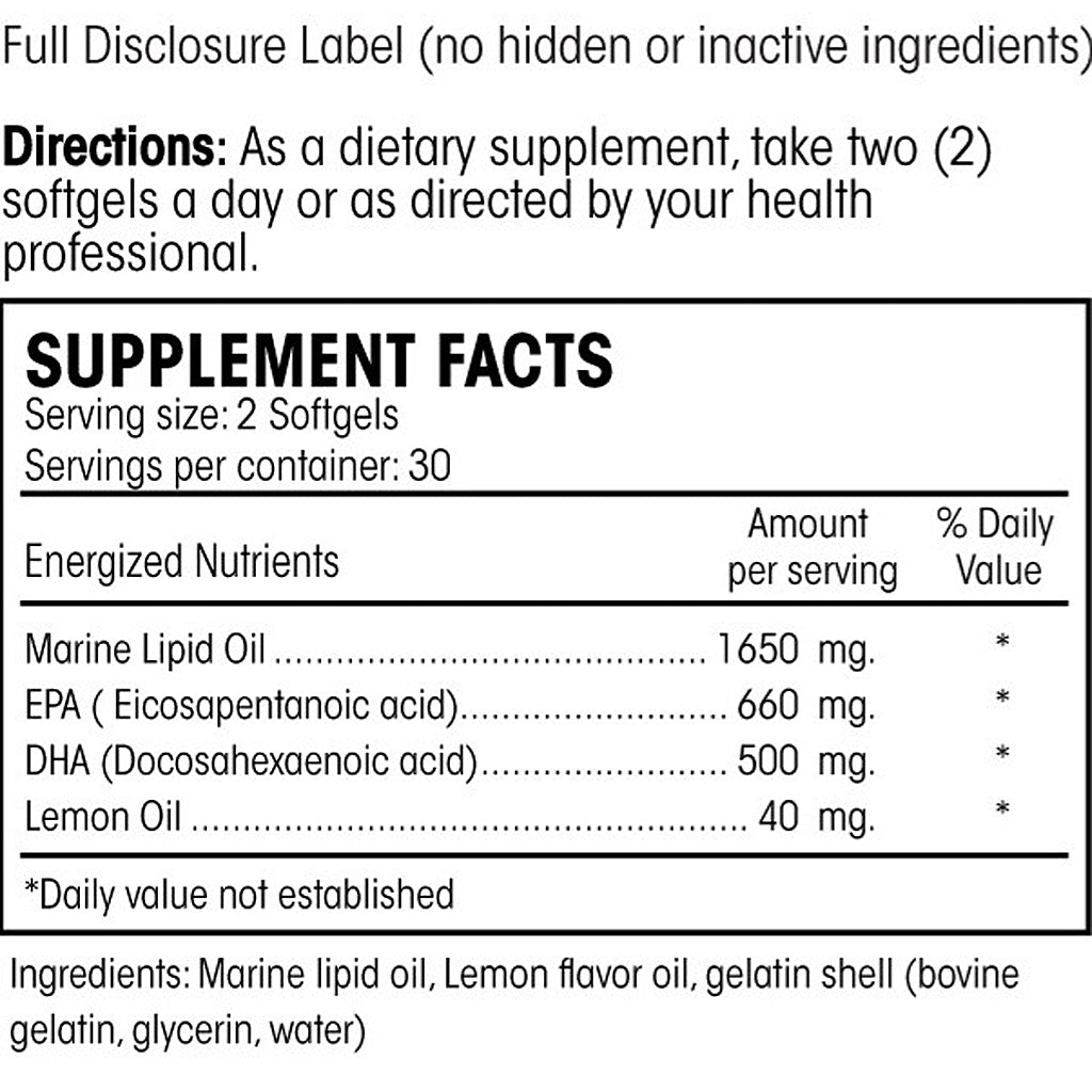 Supplement label with directions and nutritional information on a white background