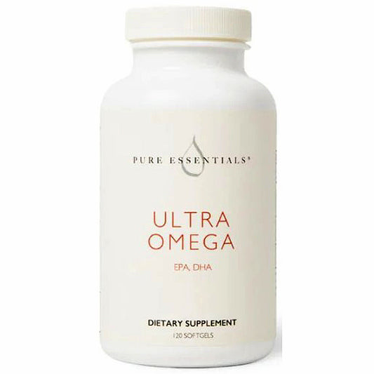 White supplement bottle labeled 'Ultra Omega' by Pure Essentials on a white background