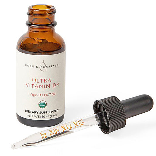 Brown glass bottle with dropper labeled 'Ultra Vitamin D3' on a white background
