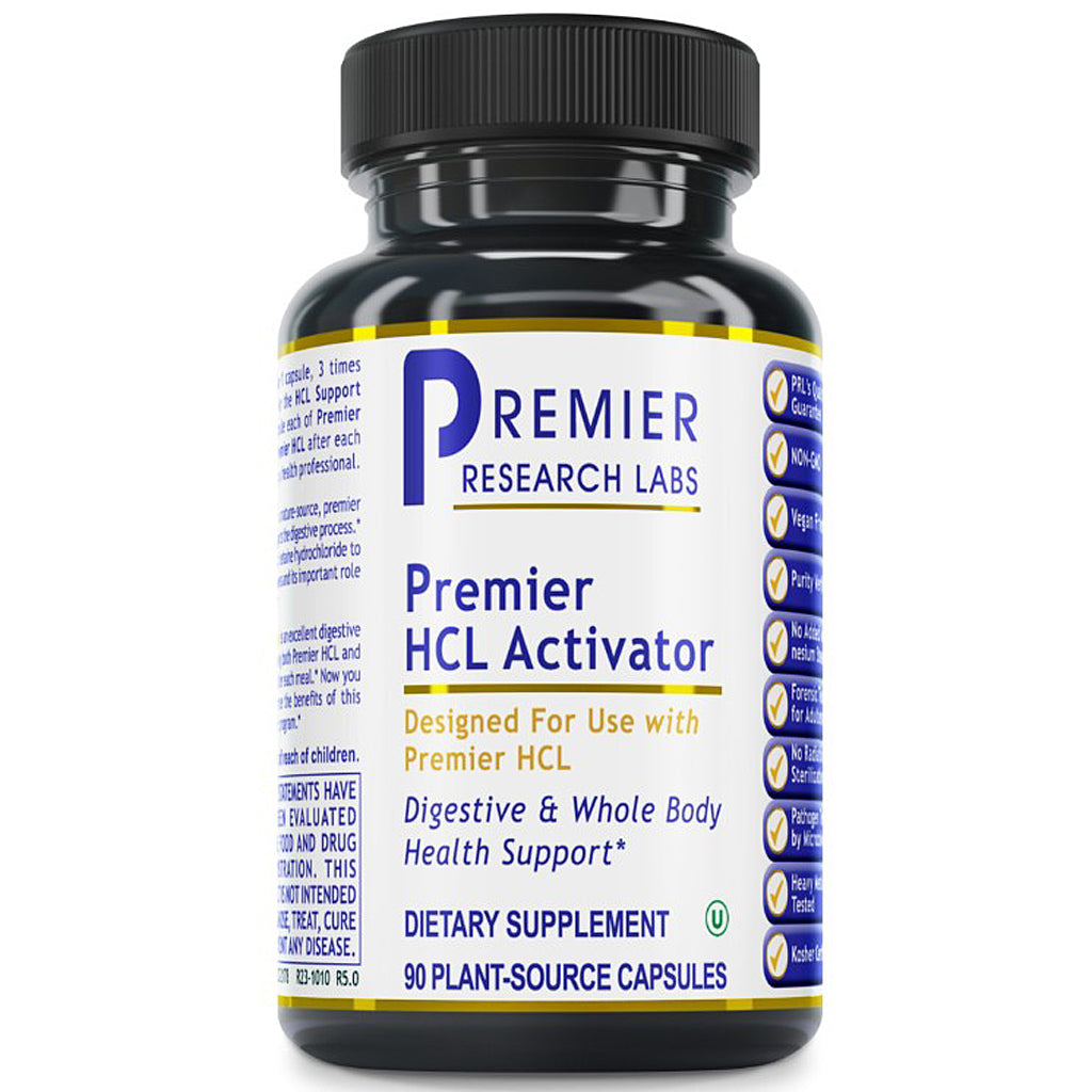 A black plastic bottle of Premier Research Labs Premier HCL Activator dietary supplement with a white, blue, and yellow label, containing 90 plant-source capsules.