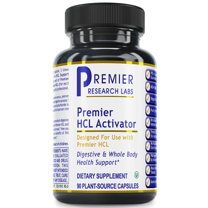A black plastic bottle of Premier Research Labs Premier HCL Activator dietary supplement with a white, blue, and yellow label, containing 90 plant-source capsules.