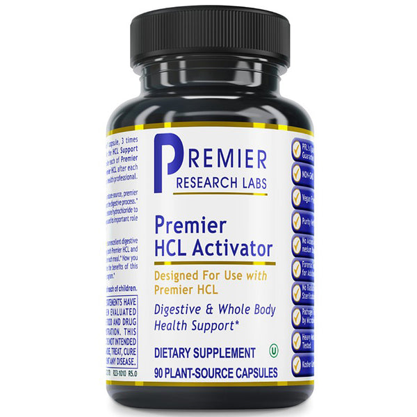 A black plastic bottle of Premier Research Labs Premier HCL Activator dietary supplement with a white, blue, and yellow label, containing 90 plant-source capsules.