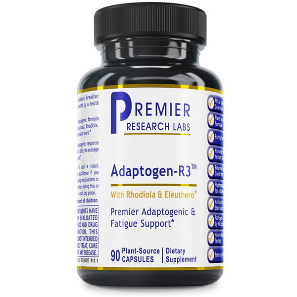 Supplement bottle labeled 'Adaptogen-R3' by Premier Research Labs on a white background