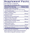 Supplement facts label with various herbal ingredients and their amounts per serving.