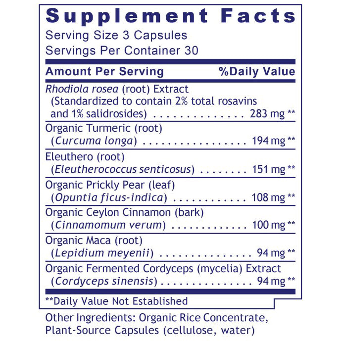 Supplement facts label with various herbal ingredients and their amounts per serving.