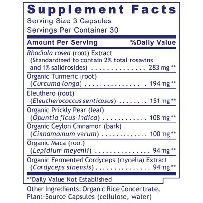 Supplement facts label with various herbal ingredients and their amounts per serving.