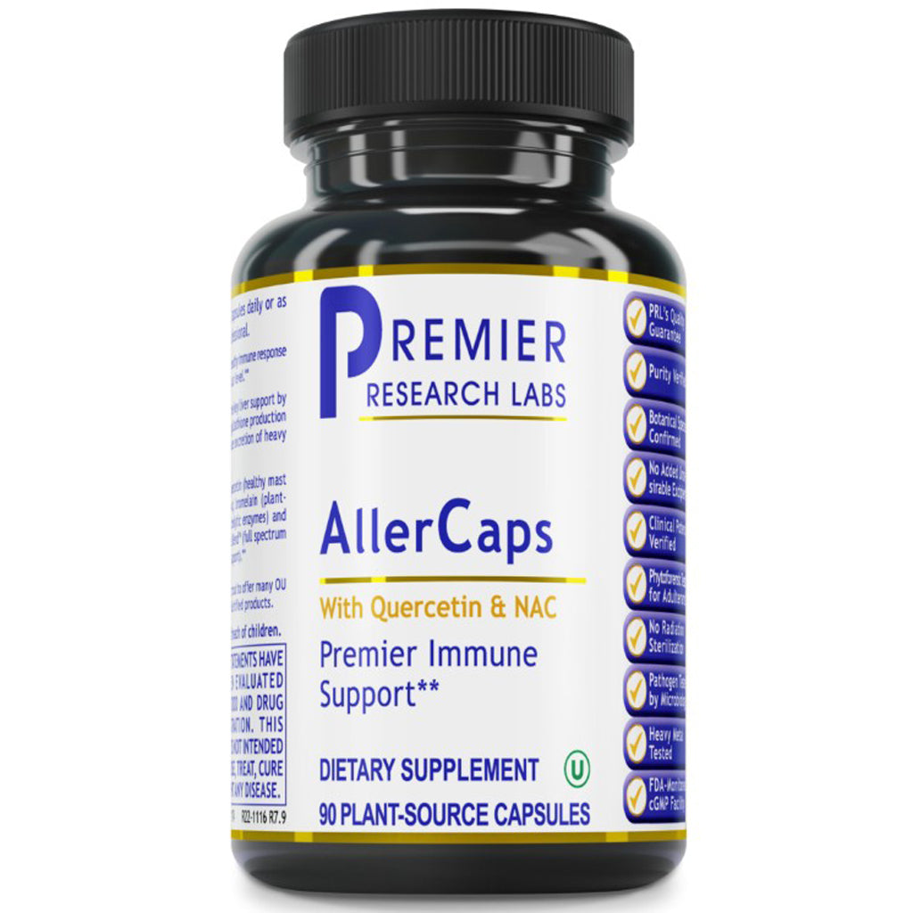 Supplement bottle labeled 'AllerCaps' by Premier Research Labs on a white background