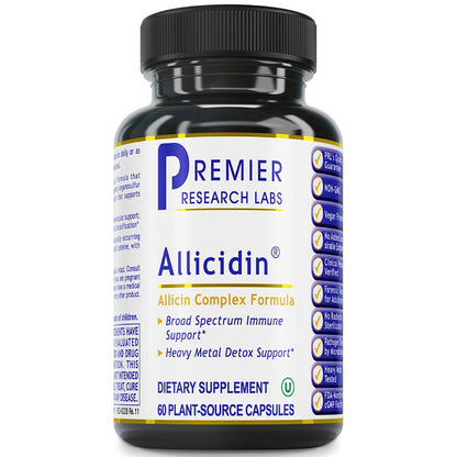 Supplement bottle labeled 'Allicidin' by Premier Research Labs on a white background