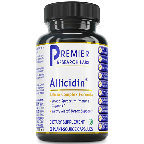 Supplement bottle labeled 'Allicidin' by Premier Research Labs on a white background