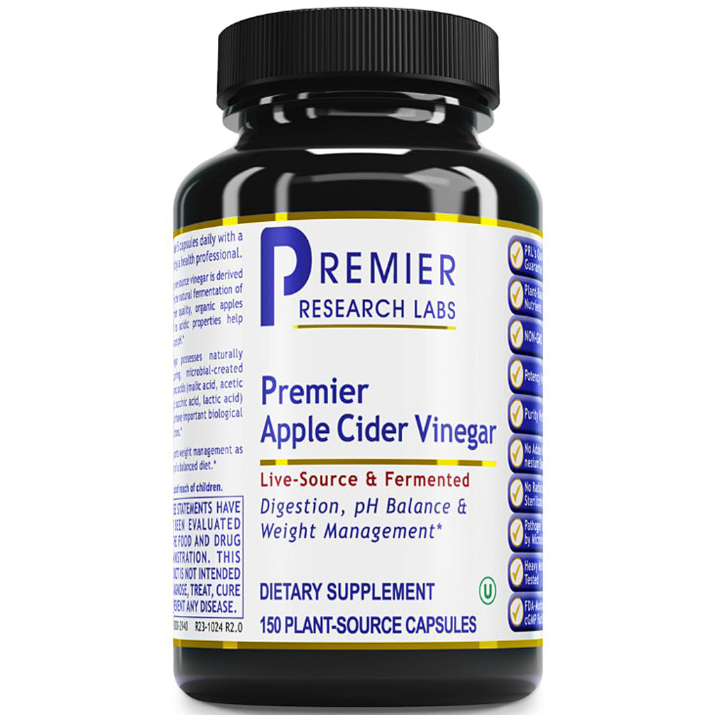Bottle of Premier Research Labs Apple Cider Vinegar capsules on a white background