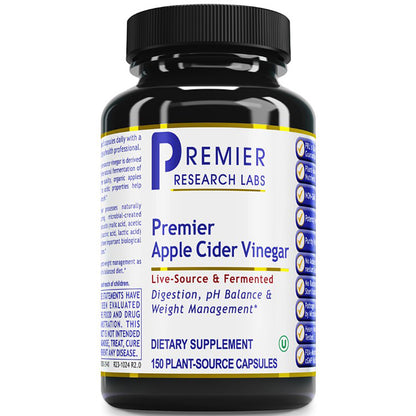 Bottle of Premier Research Labs Apple Cider Vinegar capsules on a white background