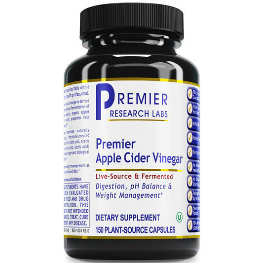 Bottle of Premier Research Labs Apple Cider Vinegar capsules on a white background