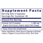 Supplement facts label for a product with ACV complex and organic ingredients on a white background.