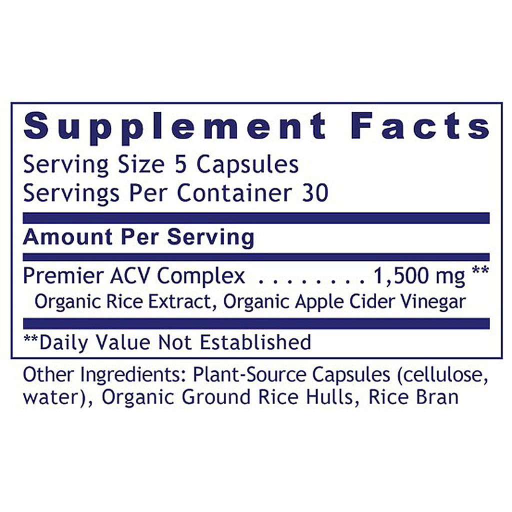 Supplement facts label for a product with ACV complex and organic ingredients on a white background.