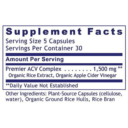 Supplement facts label for a product with ACV complex and organic ingredients on a white background.