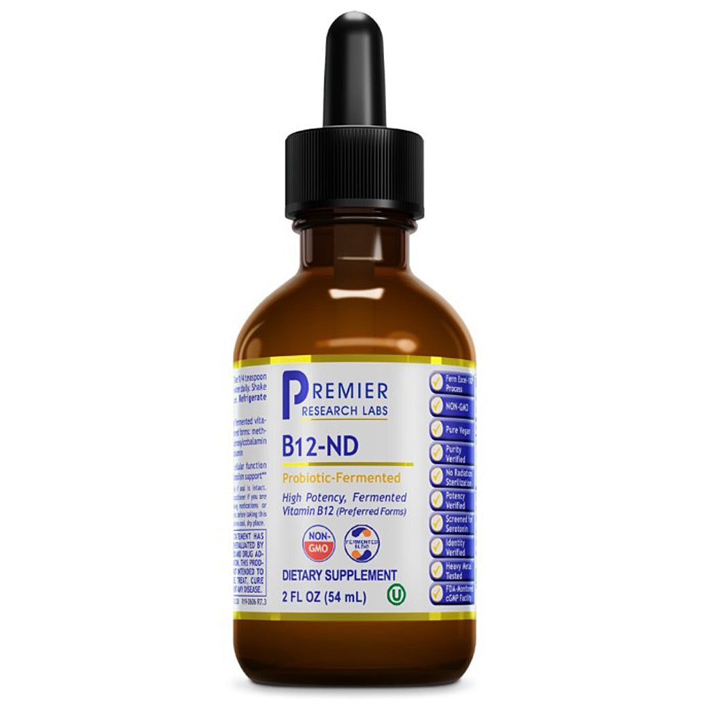 Brown glass bottle with dropper labeled 'Premier Research Labs B12-ND' on a white background