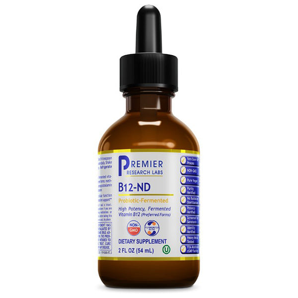 Brown glass bottle with dropper labeled 'Premier Research Labs B12-ND' on a white background