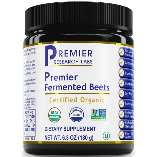 A black plastic jar of Premier Research Labs Premier Fermented Beets dietary supplement, featuring a white label with blue and yellow text and certification logos.