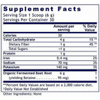A Supplement Facts nutrition label showing serving size 1 scoop (6 g), 30 servings per container, with listed nutrients including calories, total carbohydrate, dietary fiber, sugars, protein, iron, sodium, and potassium. Organic fermented beet root is noted as 6 g yielding 95 mg betaine.