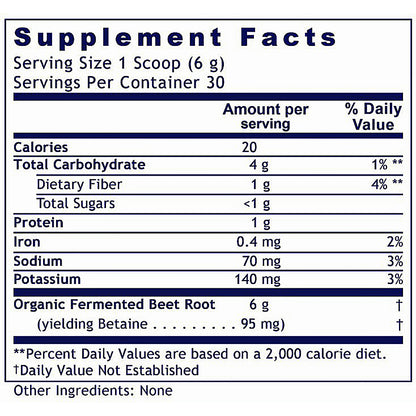 A Supplement Facts nutrition label showing serving size 1 scoop (6 g), 30 servings per container, with listed nutrients including calories, total carbohydrate, dietary fiber, sugars, protein, iron, sodium, and potassium. Organic fermented beet root is noted as 6 g yielding 95 mg betaine.
