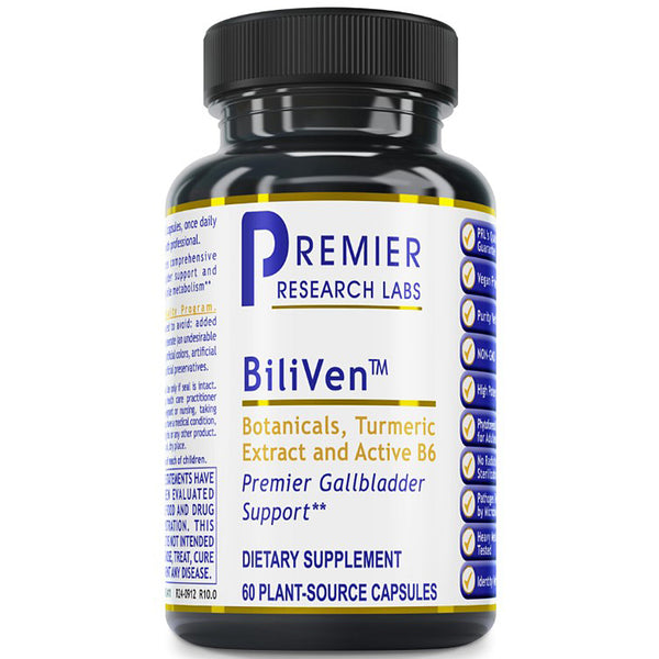 Supplement bottle labeled 'BiliVen' by Premier Research Labs on a white background