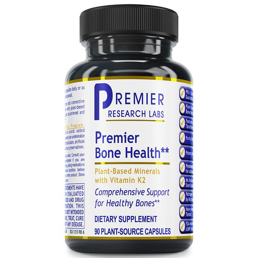 A black plastic bottle of Premier Research Labs Premier Bone Health dietary supplement with a white, blue, and gold label, shown on a plain white background.