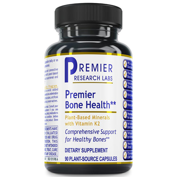 A black plastic bottle of Premier Research Labs Premier Bone Health dietary supplement with a white, blue, and gold label, shown on a plain white background.