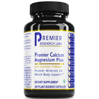 Supplement bottle labeled 'Premier Calcium Magnesium Plus' by Premier Research Labs on a white background.