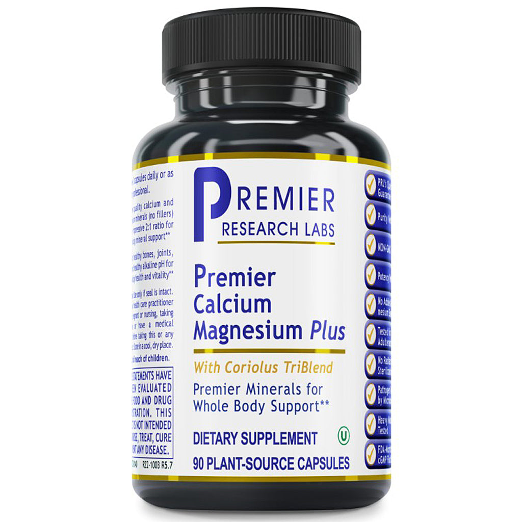 Supplement bottle labeled 'Premier Calcium Magnesium Plus' by Premier Research Labs on a white background.