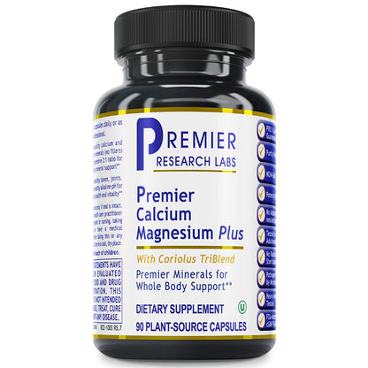 Supplement bottle labeled 'Premier Calcium Magnesium Plus' by Premier Research Labs on a white background.