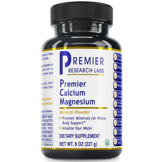 A bottle of Premier Research Labs Premier Calcium Magnesium dietary supplement powder, 8 oz (227 g), on a white background.