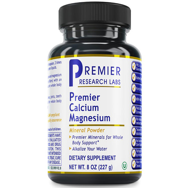 A bottle of Premier Research Labs Premier Calcium Magnesium dietary supplement powder, 8 oz (227 g), on a white background.