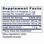 A supplement facts label for Sango Marine Coral, showing serving size, servings per container, and daily value percentages for calcium and magnesium on a white background.