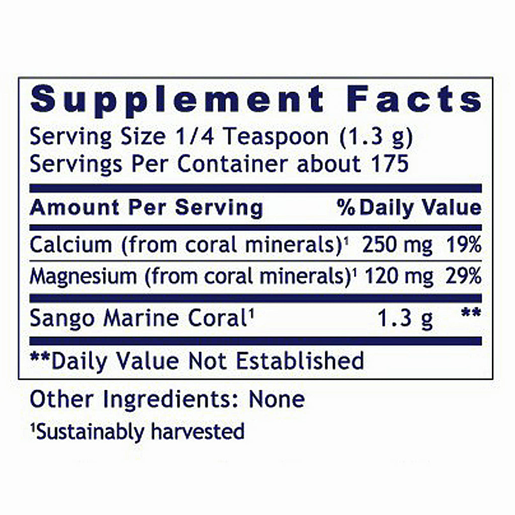 A supplement facts label for Sango Marine Coral, showing serving size, servings per container, and daily value percentages for calcium and magnesium on a white background.