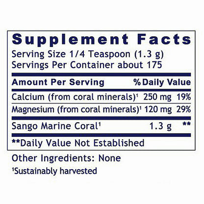 A supplement facts label for Sango Marine Coral, showing serving size, servings per container, and daily value percentages for calcium and magnesium on a white background.