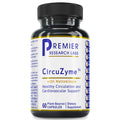 A black plastic bottle of Premier Research Labs CircuZyme dietary supplement with a white label, blue and gold text, and a black ribbed cap, shown on a plain white background.
