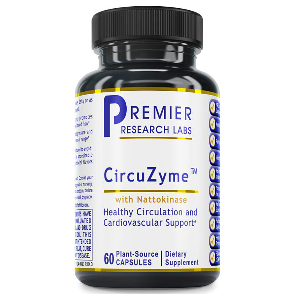 A black plastic bottle of Premier Research Labs CircuZyme dietary supplement with a white label, blue and gold text, and a black ribbed cap, shown on a plain white background.
