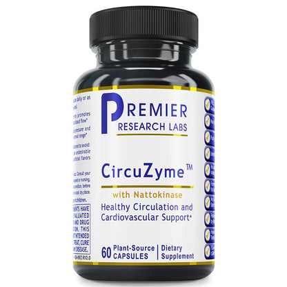 A black plastic bottle of Premier Research Labs CircuZyme dietary supplement with a white label, blue and gold text, and a black ribbed cap, shown on a plain white background.