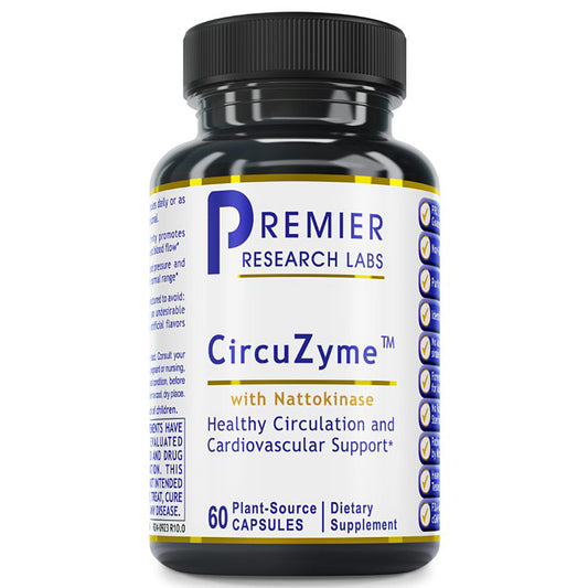 A black plastic bottle of Premier Research Labs CircuZyme dietary supplement with a white label, blue and gold text, and a black ribbed cap, shown on a plain white background.