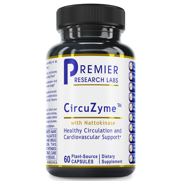 A black plastic bottle of Premier Research Labs CircuZyme dietary supplement with a white label, blue and gold text, and a black ribbed cap, shown on a plain white background.