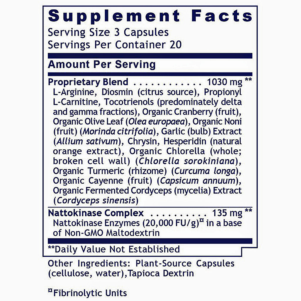 A close-up of a supplement facts label showing the Supplement Facts panel for a product with proprietary blend and nattokinase complex details.