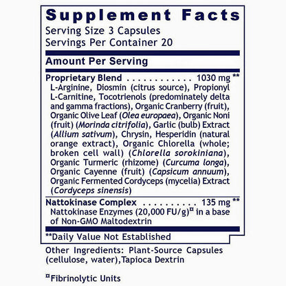 A close-up of a supplement facts label showing the Supplement Facts panel for a product with proprietary blend and nattokinase complex details.