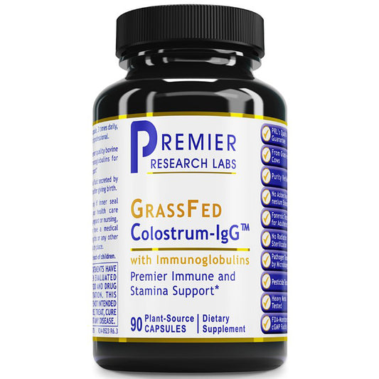 A black plastic bottle of Premier Research Labs Grassfed Colostrum-IgG dietary supplement with a white and blue label, shown on a plain white background.