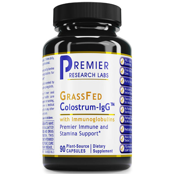 A black plastic bottle of Premier Research Labs Grassfed Colostrum-IgG dietary supplement with a white and blue label, shown on a plain white background.