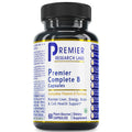 A black plastic bottle of Premier Research Labs Premier Complete B Capsules, featuring a white label with blue and gold text and accents, set against a plain white background.