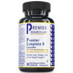 A black plastic bottle of Premier Research Labs Premier Complete B Capsules, featuring a white label with blue and gold text and accents, set against a plain white background.