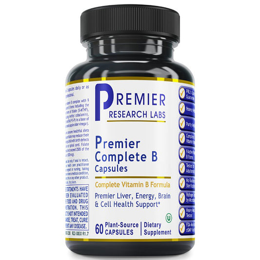 A black plastic bottle of Premier Research Labs Premier Complete B Capsules, featuring a white label with blue and gold text and accents, set against a plain white background.