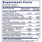 A close-up of a supplement facts label showing supplement ingredients and dosages in a table format on a white background.